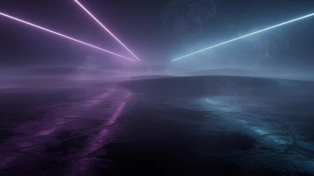 neon laser beams over misty landscape at night