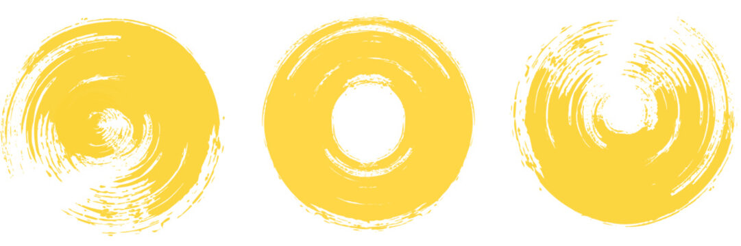 Brush sun rough set. Hand drawn yellow grunge circles. Abstract round stamp collection on white background