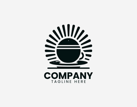 A coffee cup logo is combined with rising sun rays in bold minimalist black vector