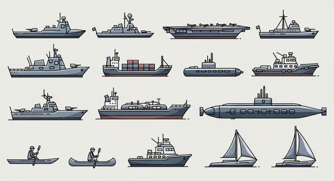 Collection of various naval and civilian watercraft illustrations.