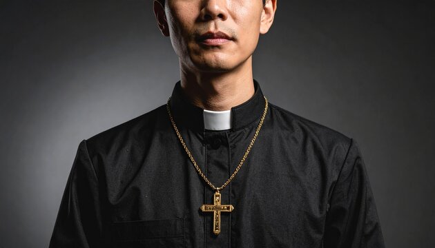 Man in Clerical Collar with Cross Pendant Expressing Faith and Spirituality in Portrait.