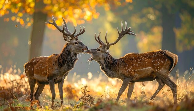 Two deer gently touching noses in a sunlit forest clearing
