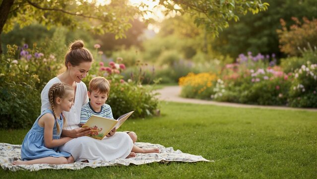 Mother reading book to her children in garden. Family storytime on blanket during golden hour. Education and parenting concept