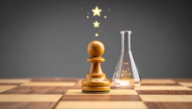 Chess Pawn on Board with Erlenmeyer Flask and Stars Representing Strategy Ideas and Potential for Success.