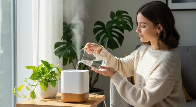 Young woman pouring water into modern air humidifier at home. Person caring for houseplants and improving indoor air quality. Home wellness and healthy lifestyle concept