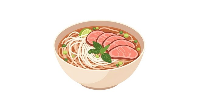 A bowl of traditional Vietnamese pho soup with thinly sliced beef, lime, and fresh mint leaves, a delicious and savory culinary delight