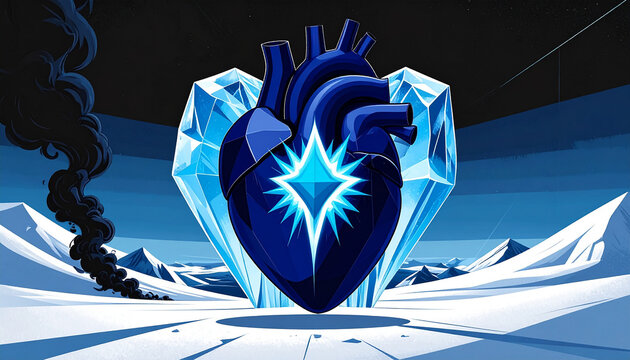 Artistic graphic of frozen heart with diamond crystal wings over arctic snow landscape