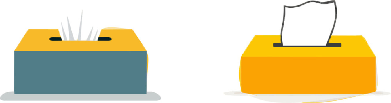 A minimalist flat vector illustration of a tissue box in muted peach and white features a single tissue being pulled out from the top, with solid colors and no shadows