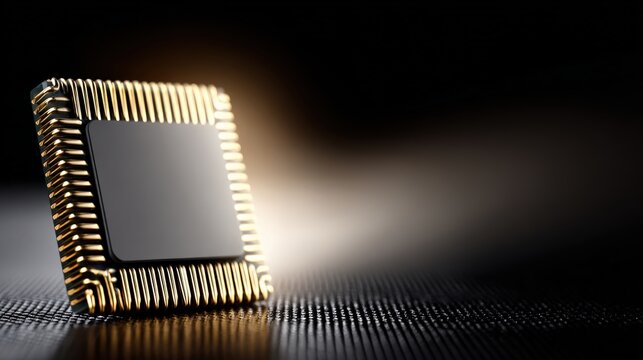 High resolution close up of a computer microprocessor with dramatic lighting effects