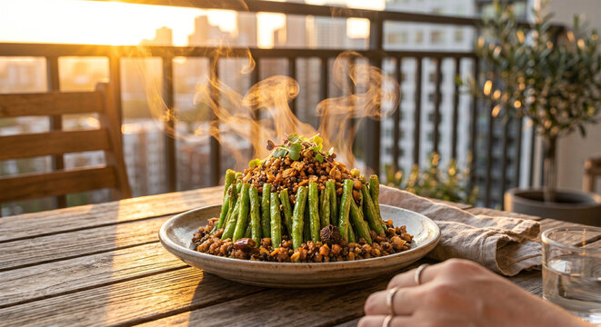 A lifestyle food photograph of a plate of Dry-Fried String Beans set on a wooden balcony table during the golden hour. The low sun catches the steam and makes the oil on the beans glow.