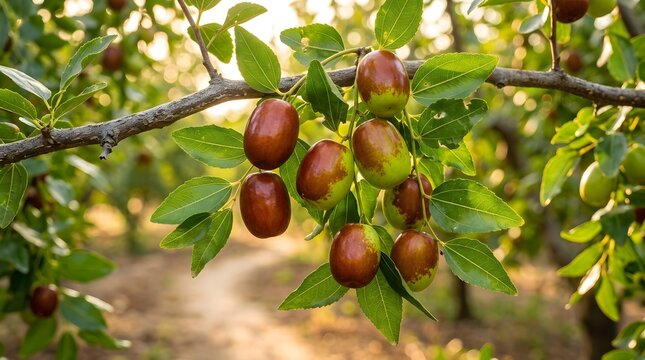 Ripe Jujube Fruits on Tree in Sunlit Garden Exotic Organic Fruit and Traditional Agriculture Concept