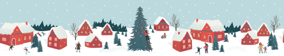 Fototapeta premium Cute hand drawn seamless Winter landscape with happy people playing, shopping, walking, Vector horizontal banner winter wonderland