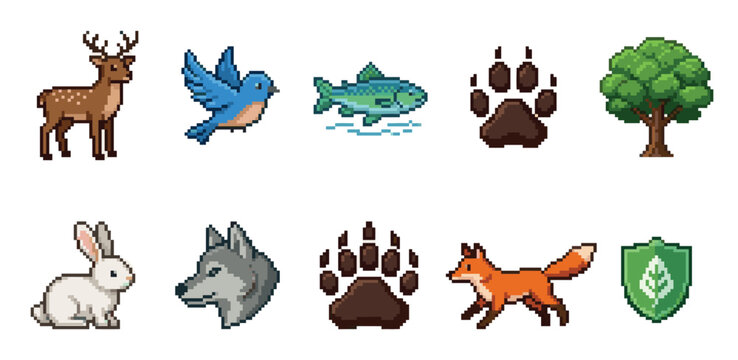 A collection of pixel art icons representing forest animals, wildlife, and nature elements, perfect for digital design, games, or educational materials.