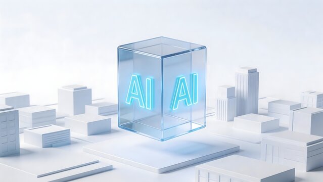 AI cube in minimalist cityscape