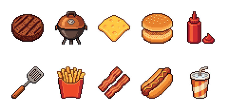 A collection of pixel art icons representing various BBQ and fast food items like burgers, hot dogs, fries, and a grill, perfect for retro gaming or web design.