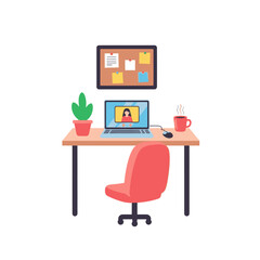 Fototapeta premium Home office setup with laptop video call, plant, coffee mug, and bulletin board