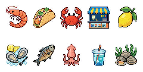Fototapeta premium A collection of pixel art icons featuring various seafood items and related elements, including shrimp, taco, crab, food stall, lemon, oysters, fish, squid, drink, and clams.