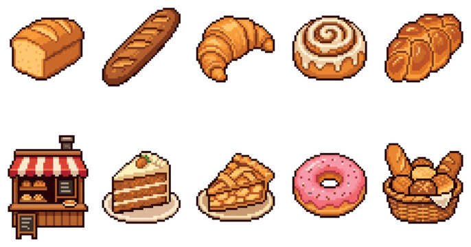 A delightful pixel art collection features a variety of baked goods including bread, croissants, cinnamon rolls, pies, donuts, and a charming bakery stall.