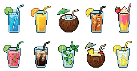 Obraz premium A vibrant collection of pixel art illustrations featuring a variety of refreshing summer drinks and tropical cocktails, perfect for digital design and retro themes.