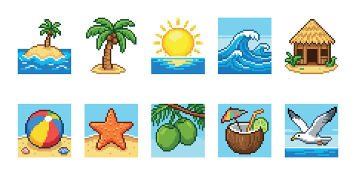 A collection of pixel art icons representing a tropical vacation, including a beach ball, starfish, palm trees, waves, and a coconut drink.