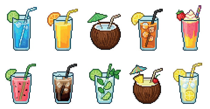 A vibrant collection of pixel art illustrations featuring a variety of refreshing summer drinks and tropical cocktails, perfect for digital design and retro themes.