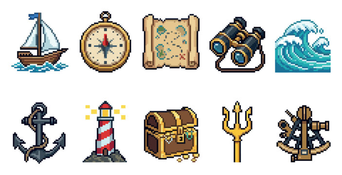 A collection of pixel art icons representing nautical themes, including a sailboat, compass, treasure map, binoculars, wave, anchor, lighthouse, treasure chest, trident, and sextant.