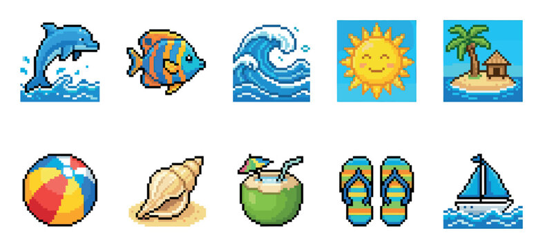 A cheerful collection of pixel art icons depicting summer beach themes, including a dolphin, fish, wave, sun, island, ball, shell, coconut, flip-flops, and sailboat.