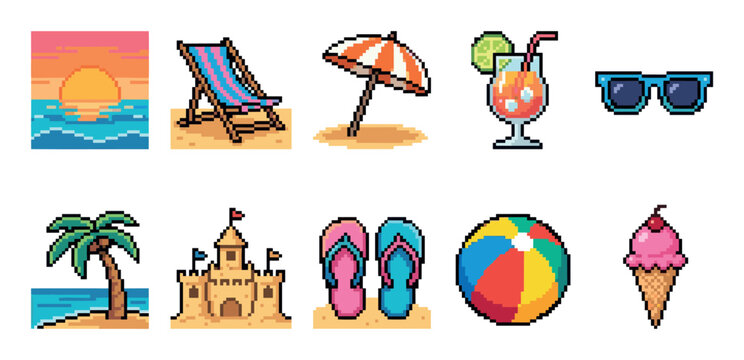 A pixel art collection of beach icons including a sunset, lounge chair, umbrella, cocktail, sunglasses, palm tree, sandcastle, flip-flops, beach ball, and ice cream.
