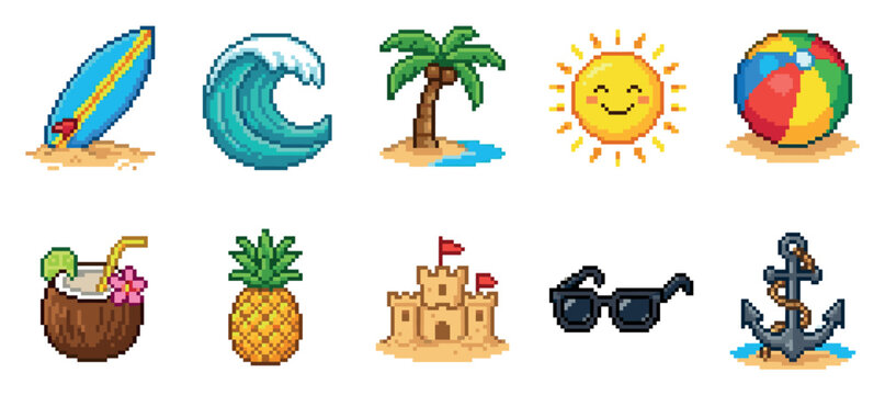 This collection features retro pixel art icons representing various summer beach elements like a surfboard, wave, palm tree, sun, beach ball, and more.