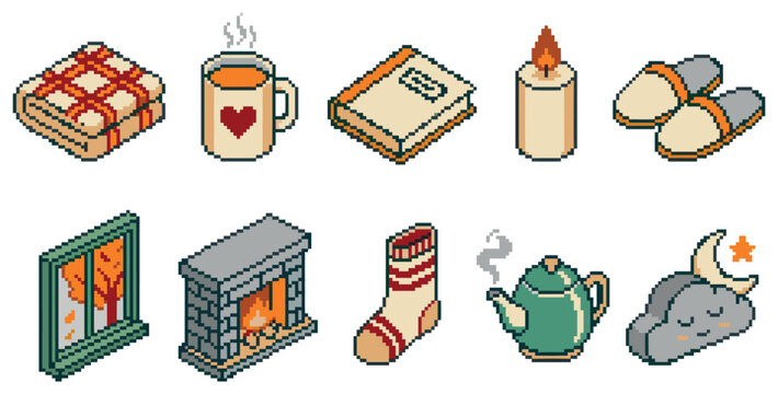 A pixel art collection featuring cozy home items like a blanket, mug, book, candle, slippers, fireplace, sock, teapot, and a moon cloud.