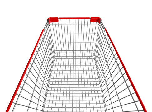 Top view close up empty red shopping cart isolated on white background