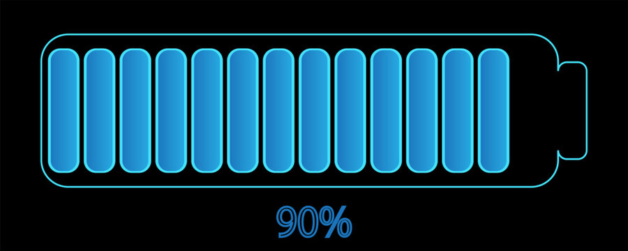 Vector illustration of website loading bar, downloads, uploads in blue color isolated on black background for websites and graphic resources. 90% loaded bar.