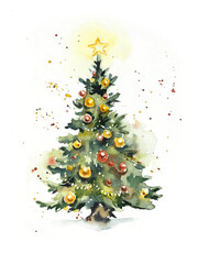 Evergreen Christmas tree with snow and yellow lights. Winter holiday hand drawn watercolor illustration for greeting cards © budogosh