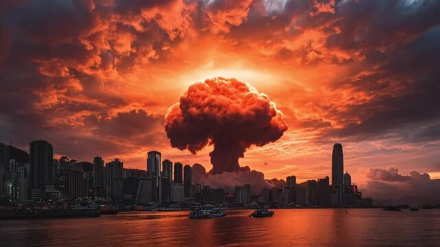 Nuclear bomb explosion with mushroom cloud of fire and smoke over a city	