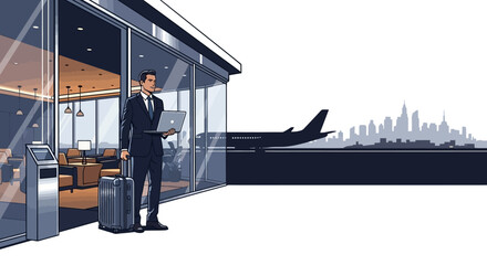 A sophisticated businessman in a suit stands outside an airport lounge with his luggage and laptop, presenting a modern, graphic illustration with cool tones against a backdrop © Jangkrik