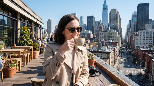 A smiling young woman in a stylish trench coat enjoys a cup of coffee on a sunny rooftop terrace, overlooking the urban skyline of New York City during a clear day.