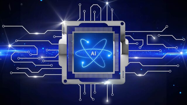 Futuristic illustration of a computer CPU chip on a technology background, word AI in the center - artificial intelligence concept - 3D illustration