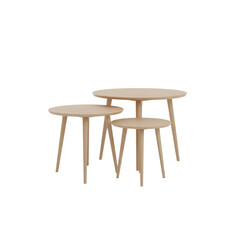 Fototapeta premium three round minimalist scandinavian wood tables, featuring clean lines and tapered legs, isolated on a seamless transparent studio background. commercial furniture catalog concept