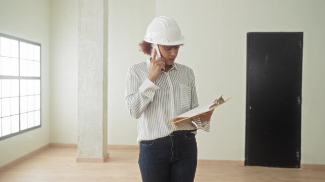 Woman latin architect with hardhat and clipboard holding smartphone to ear while reading notes in an empty building under inspection; focused inspection.