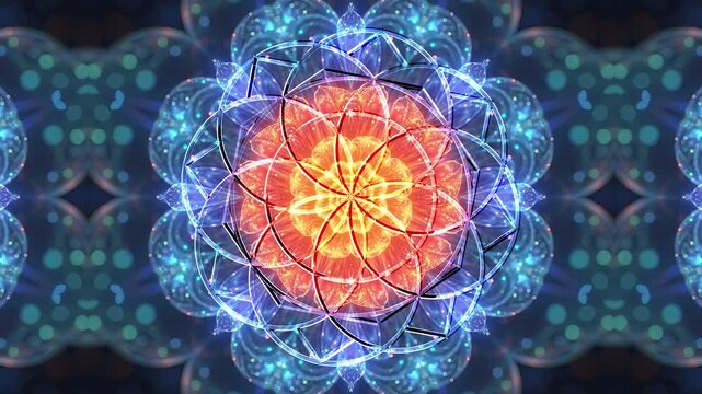 Seamless 4K60 loop. 3D glass octagonal geometric mandala over a bioluminescent cosmic lotus fractal in glowing blue and fiery orange. Ideal for horizontal or vertical VJ sets and events.