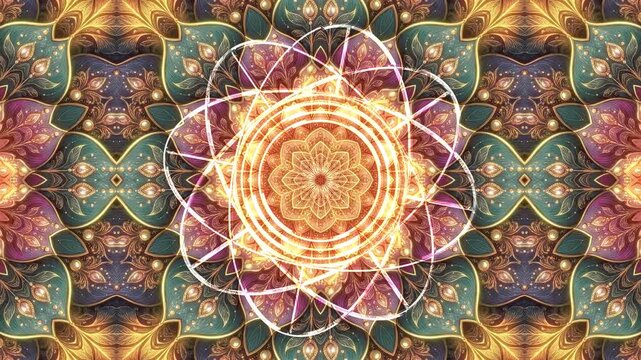 Seamless 4K60 loop. 3D glass starburst lotus mandala over a rich, evolving floral tapestry-like fractal in deep teal, bronze, and glowing gold. Ideal for horizontal or vertical VJ sets and events.