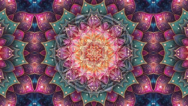 Seamless 4K60 loop. 3D glass Flower of Life over a rich, jeweled floral mandala fractal in vibrant magenta, purple, and gold. Ideal for horizontal or vertical VJ sets and events.