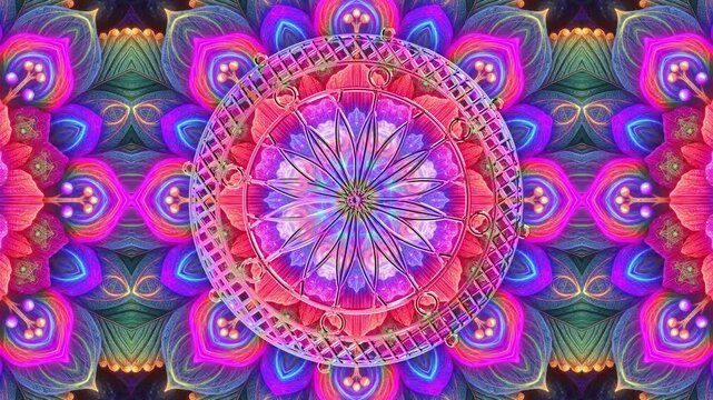 Seamless 4K60 loop. 3D glass ornate wheel mandala over a vibrant, psychedelic floral fractal kaleidoscope morphing in pink, purple, and blue. Ideal for horizontal or vertical VJ sets and events.