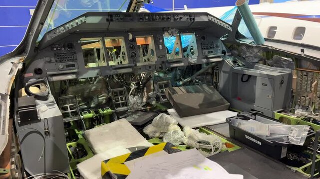 Stripped-down Cockpit Of Business Jet Undergoing Maintenance At MRO Facility. close-up shot