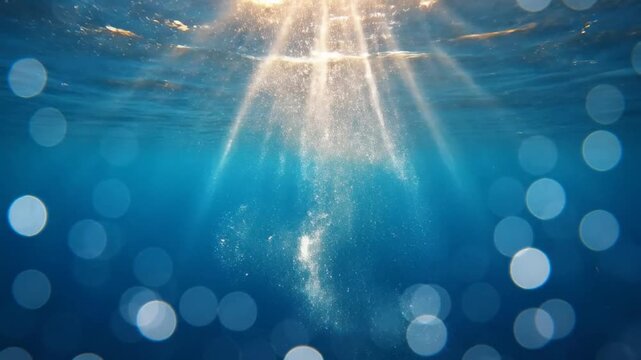 Underwater abstract with bubbles and sun rays