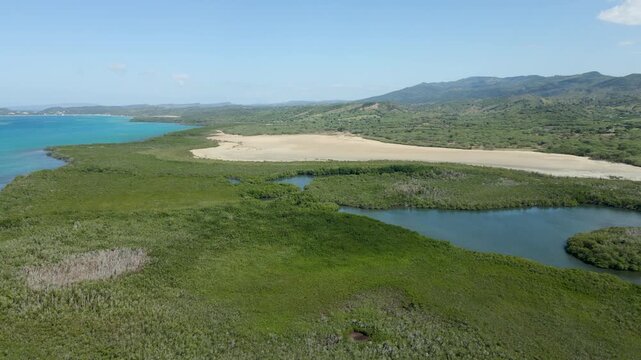 Montecristi coastline featuring lush green mangroves, a tranquil lagoon, sandy areas, and distant mountains under a blue sky in dominican republic.