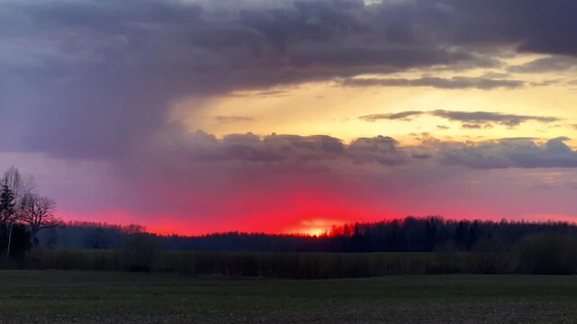 Wide shot of a rural field and forest during sunset with a localized rain shaft. Ideal for weather reports, environmental documentaries, and regional travel advertisements.