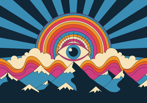 Retro Psychedelic Eye Illustration with Rainbow Mountains and Sunburst Background - Vintage Surreal Art Poster Design for Spiritual Awakening and Vision