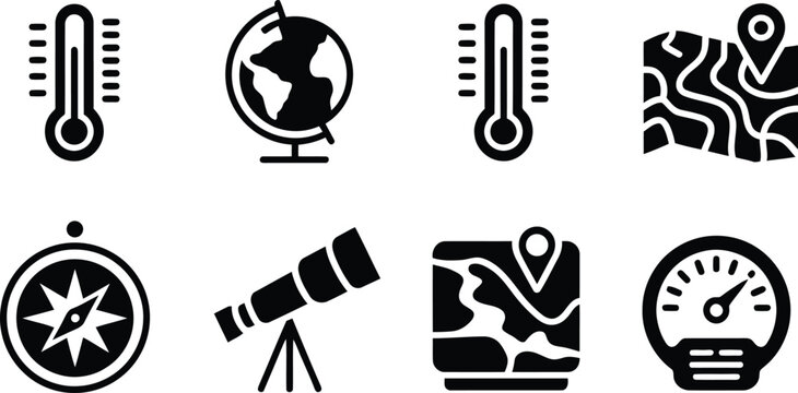 Weather and navigation icons set thermometers globes compasses and maps