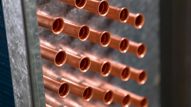 Close Up Detail Of Copper Pipes Sticking Out Of Aluminium Sheet Metal In A Metalworking Plant.
